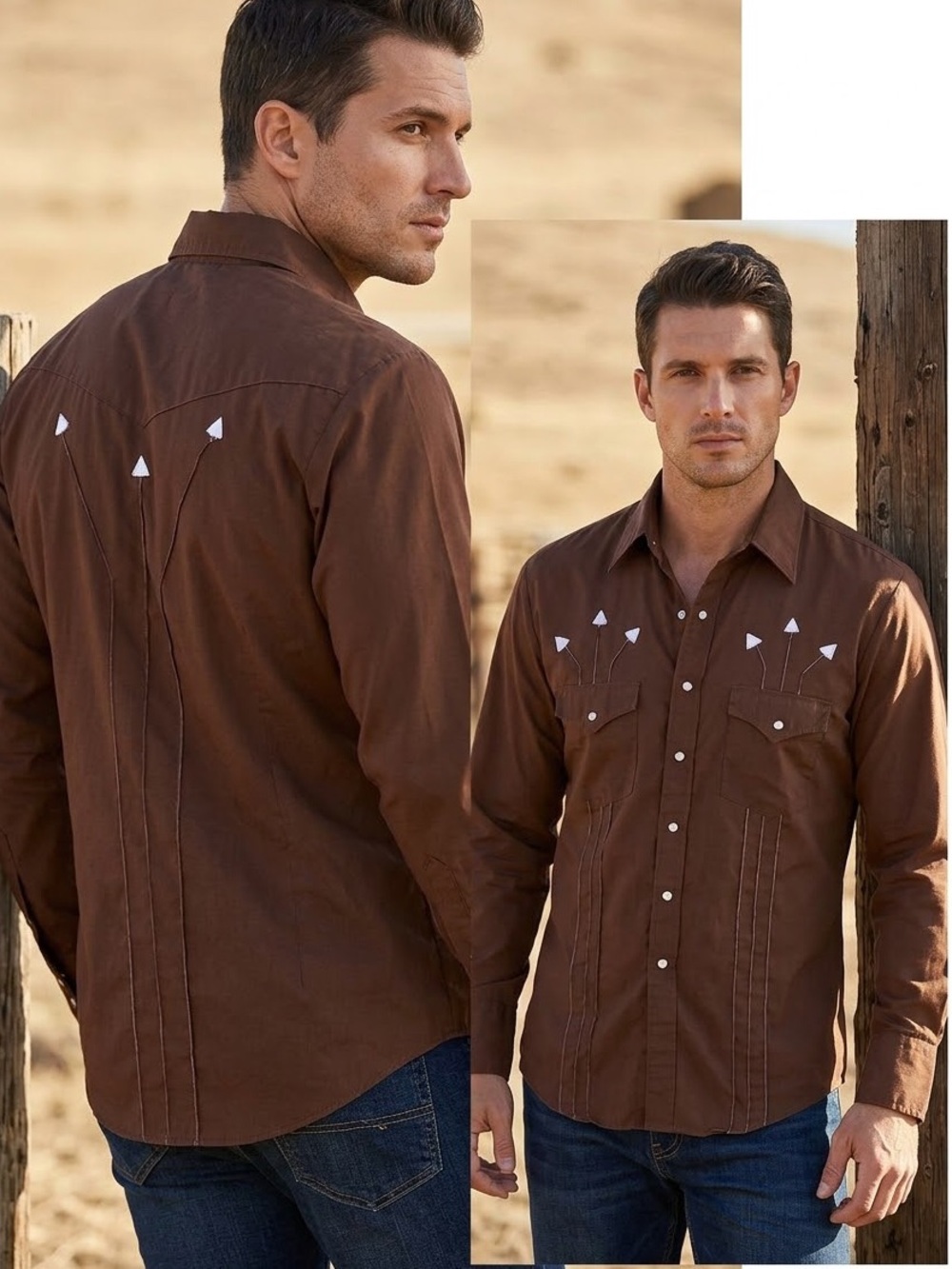 Vtg Austin Brown Western Shirt Pearl Snap Long Sleeve Arrow Pockets M Embroidery